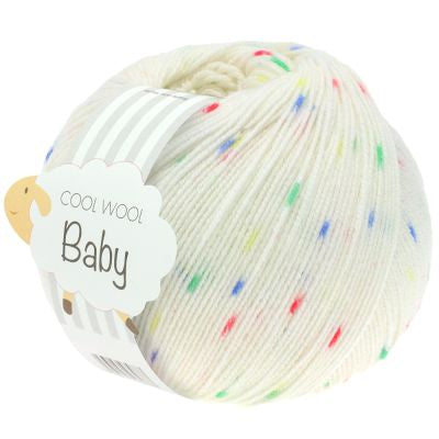 Lana Grossa Cool Wool Baby farve 351 hvid med blå/rød/gul/grøn prik