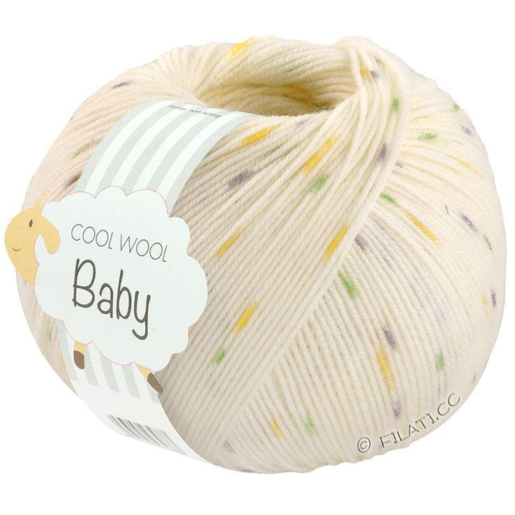 Lana Grossa cool Wool baby farve 368 - hvid med grønne, lys grålilla og gule prikker